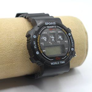 Vintage Sports World Time GMT Digital Watch Auto Calendar Black Buckle Band 90's